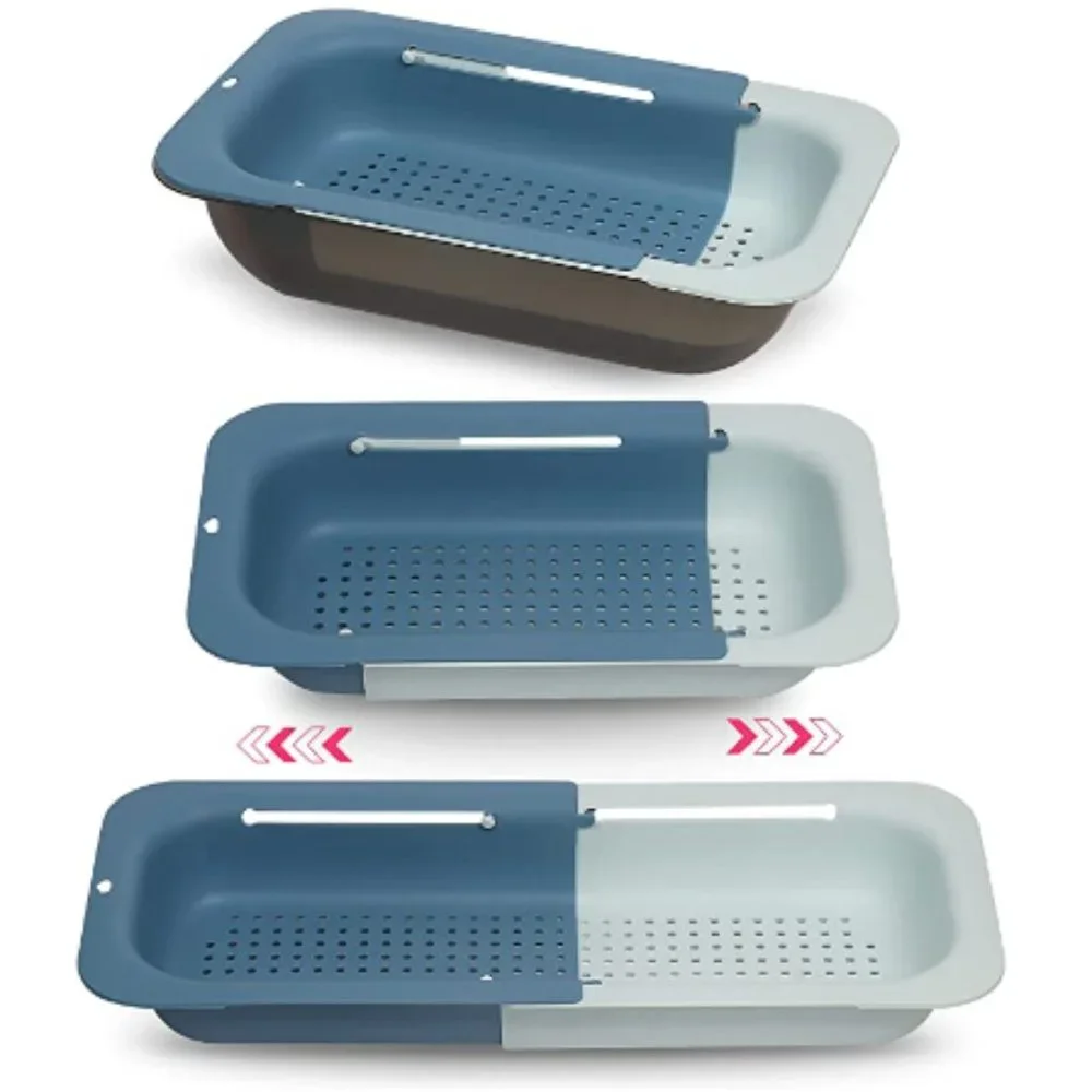 Extendable Over-the-Sink Kitchen Strainer - Colander Basket Set w/ Bowl (Blue)